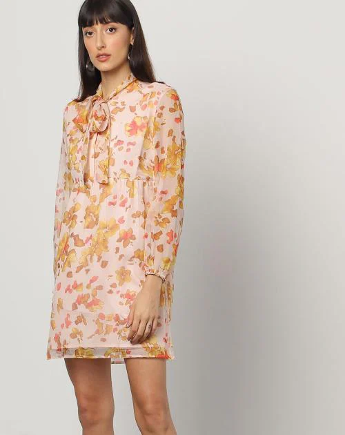 Women Floral Print Layered Orange Shirt Dress