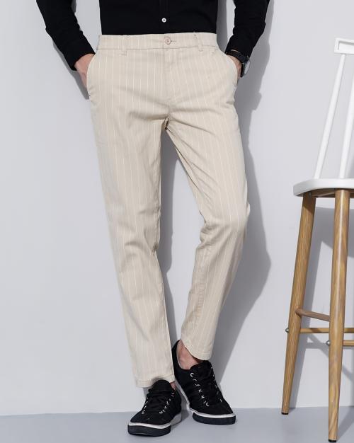 Striped Flat-Front Chinos with Slant Pockets