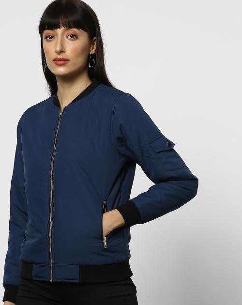 Women Zip-Front Blue Bomber Jacket with Zip Pockets