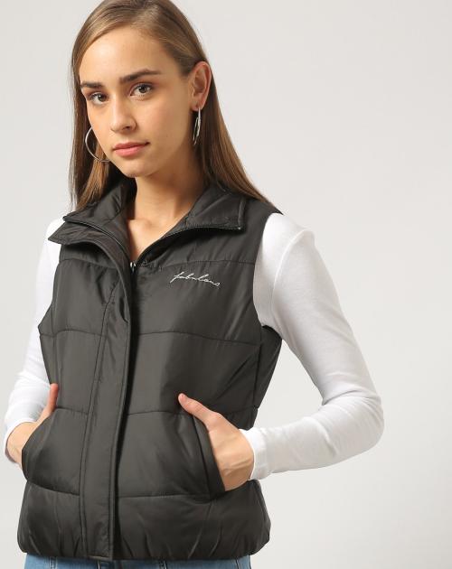Women Quilted High-Neck Zip-Front Black Gillet