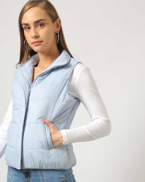 Women Quilted High-Neck Zip-Front Blue Gillet