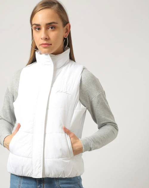 Women Quilted High-Neck Zip-Front White Gillet