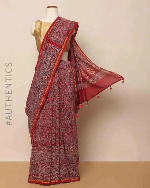 Handblock Printed Ajrak Saree