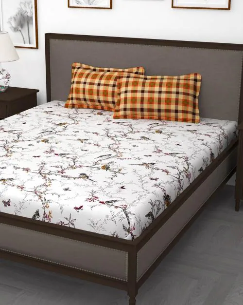 186 TC Cotton Printed Double Bed Sheet with Pillow Covers