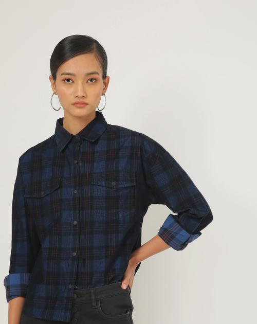 Women Checked Flap Pockets Blue Shacket