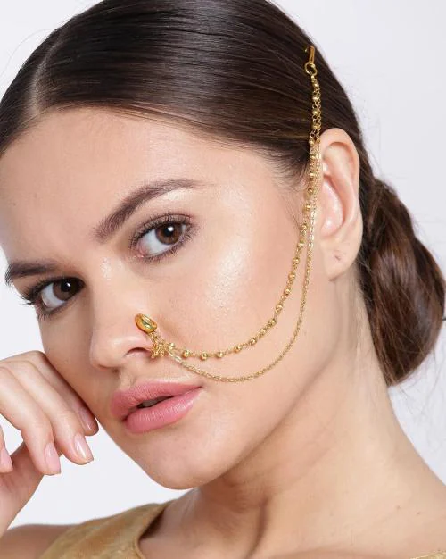 Gold-Plated Kundan Nosepin with Beaded Chain