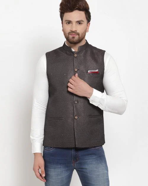 Slim Fit Nehru Jacket with Woven Pattern