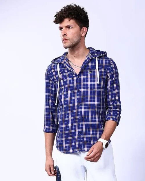 Men Slim Fit Checked Hooded Shirt