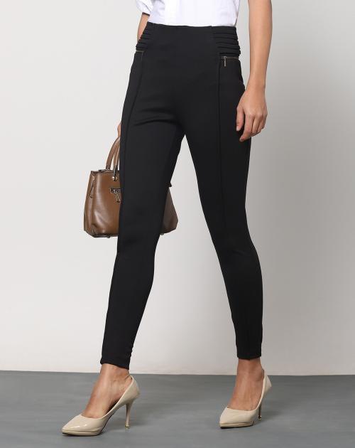 Women High-Rise Black Treggings with Side Zippers