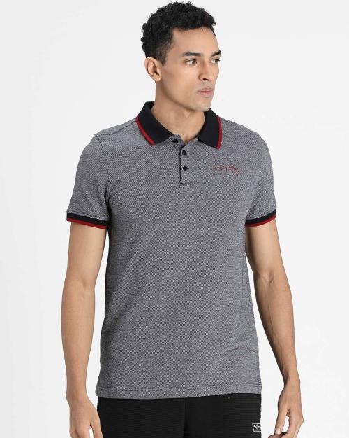 Jacquard Polo T-shirt with Ribbed Sleeves