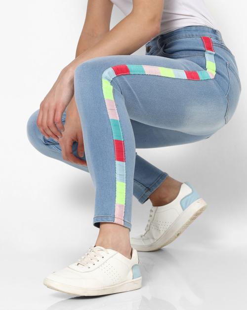 Women Washed Skinny Jeans with Contrast Side Taping