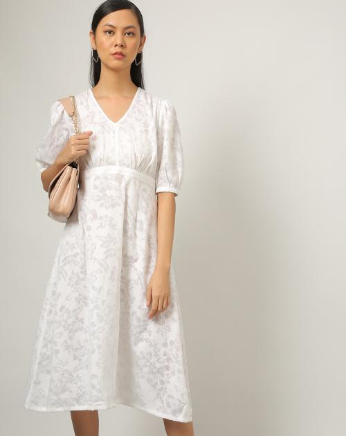 Women Floral Print Midi White Empire Dress