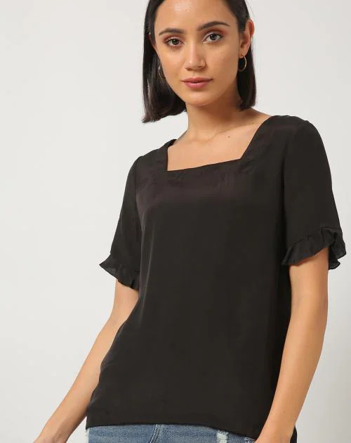 Buy Women SquareNeck Ruffle Sleeves Black Top Online at Best Prices in