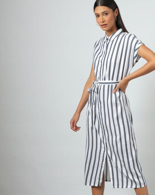 Women Striped Shirt Dress with Detachable Waist Tie-Up
