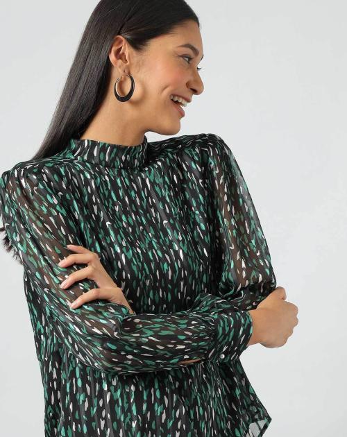 Women Printed High-Neck Puff Sleeve Top