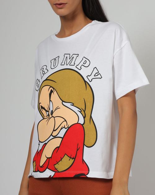 Women Large Grumpy Character Print Crew-Neck T-shirt