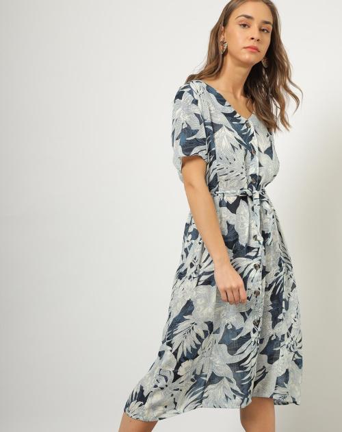 Women Button-Down Floral Print A-line Blue Dress with Waist Tie-Up