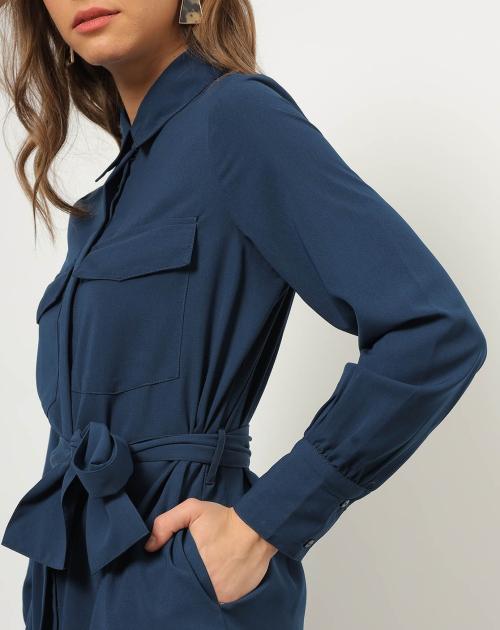 blue utility tie waist shirt dress