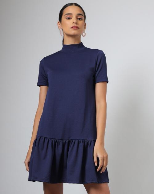 High-Neck A-line Dress with Tiered Hem