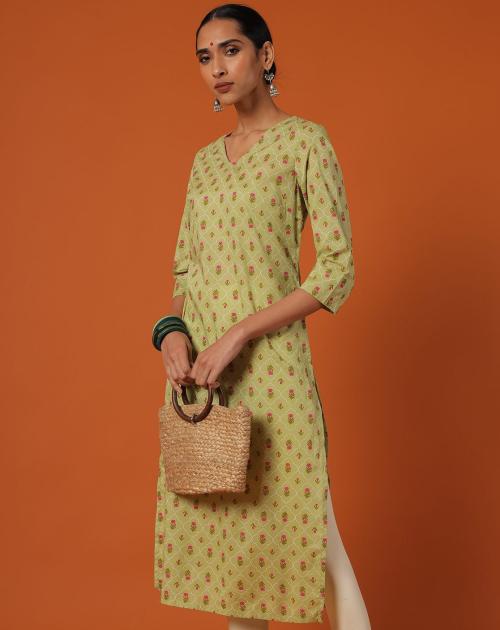 Women Lotus Print Straight Cotton Kurta