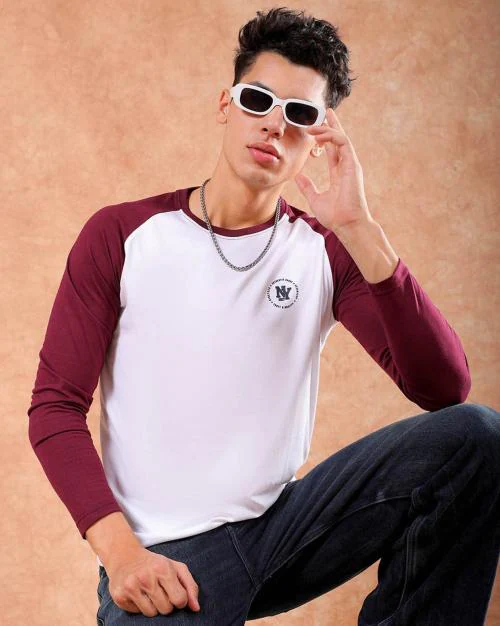 Slim Fit Crew-Neck T-shirt with Contrast Raglan Sleeves