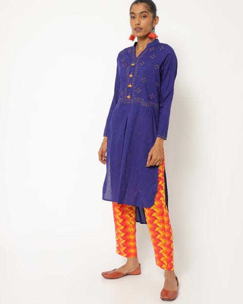 Embroidered High-Low Straight Kurta with Printed Pants