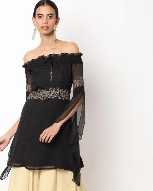 Off-Shoulder A-line Kurti with Slit Dress