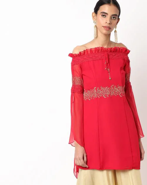 Printed Off-Shoulder A-line Kurti with Frill Trim