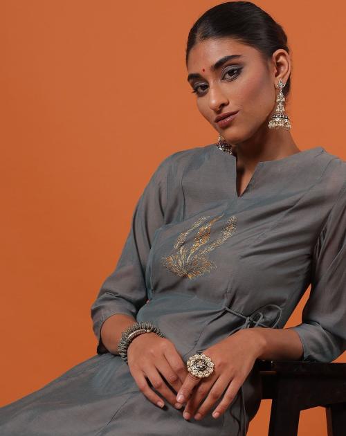 Embroidered A-line Kurta with Inner Slip