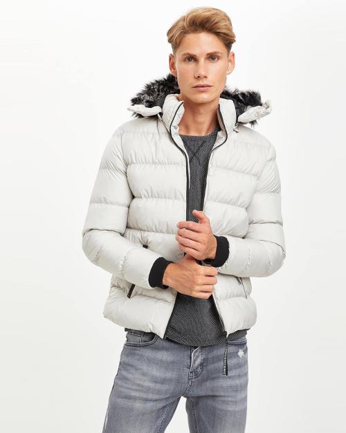 Quilted Zip-Front Bomber Jacket with Detachable Fur-Lined Hood