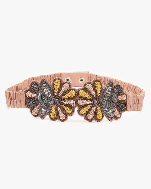 Bead-Embellished Elasticated Belt with Press Button