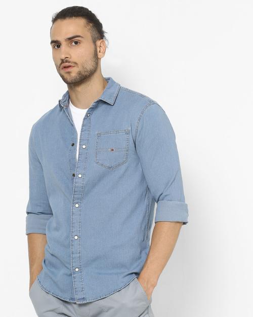 TJM Slim Stretch Denim Shirt with Patch Pocket