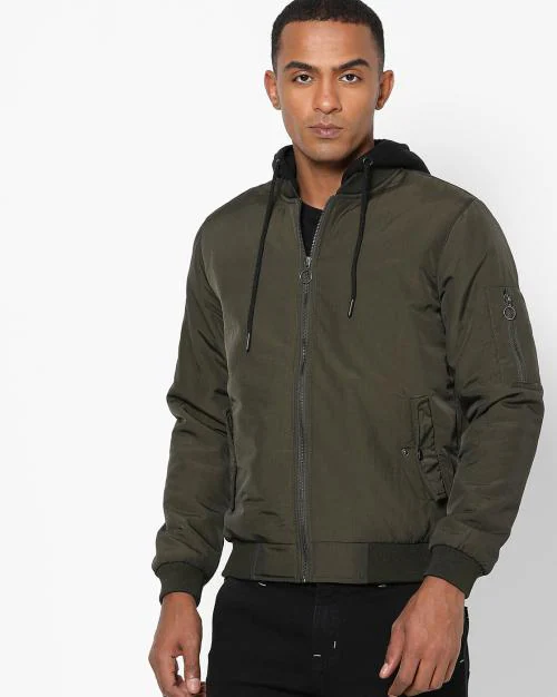 Zip-Front Bomber Jacket with Hood