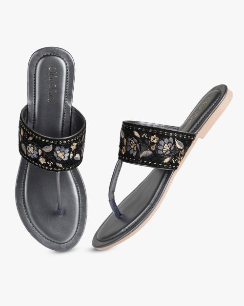 Embroidered T-strap Flat Sandals