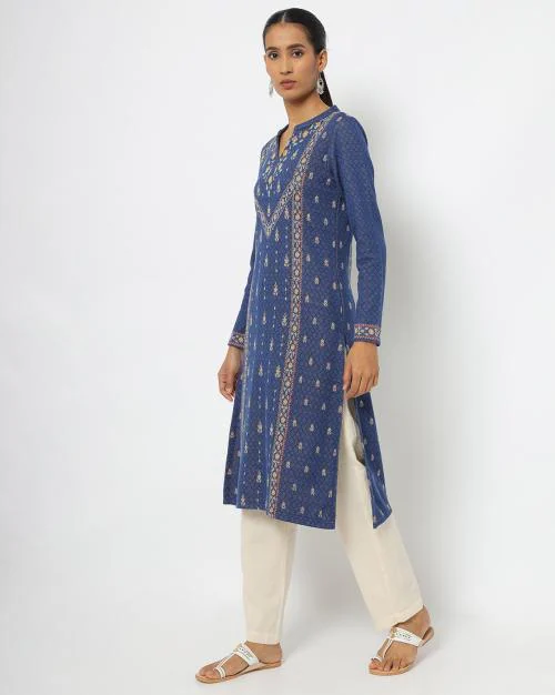 Printed Straight Kurta with Notched Neckline