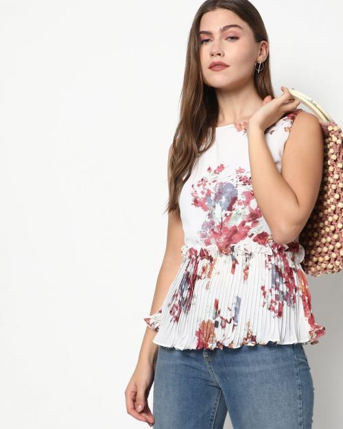 Floral Print Sleeveless Peplum Top with Pleated Hemline