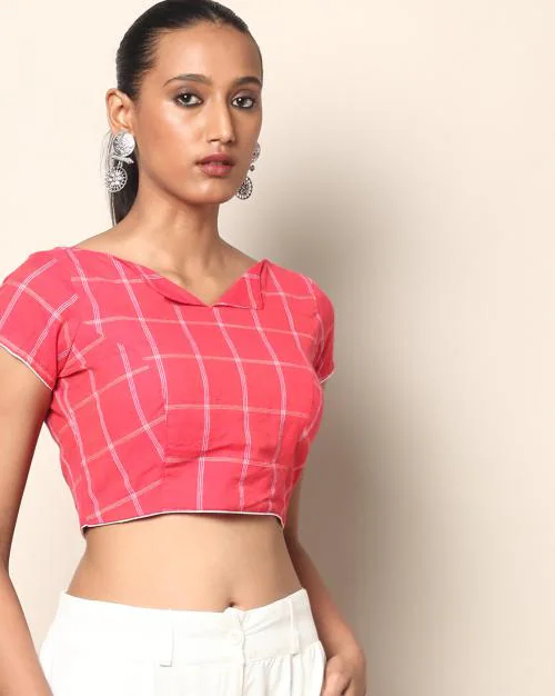 Cotton Check Stylised Back-Open Padded Blouse