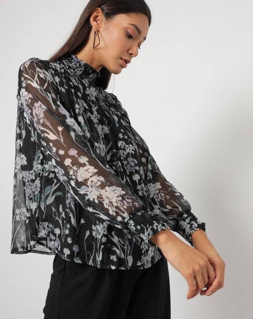 Women Floral Print Top with Smocked Yoke
