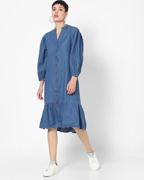 Button-Front Shirt Dress with Cuffed Sleeves