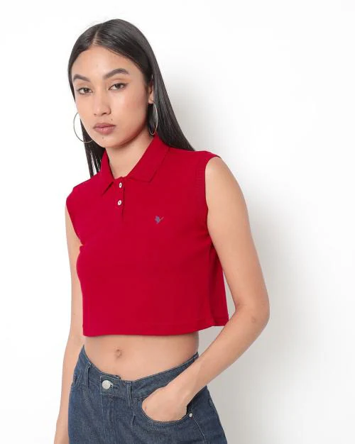 Cropped Polo T-shirt with Logo Print