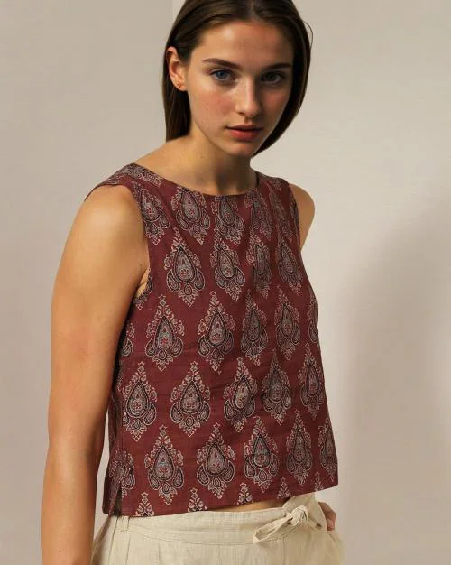 Handblock Ajrak Print Sleeveless Crop Top