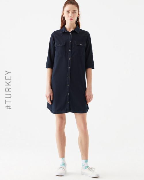 Denim Shirt Dress with Flap Pockets