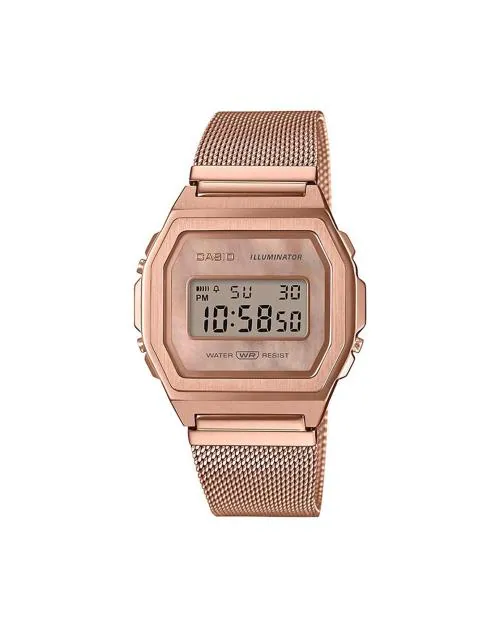 Men D196 Vintage A1000MPG-9EF Rose Gold Digital Dial Rose Gold Stainless Steel Mesh Band