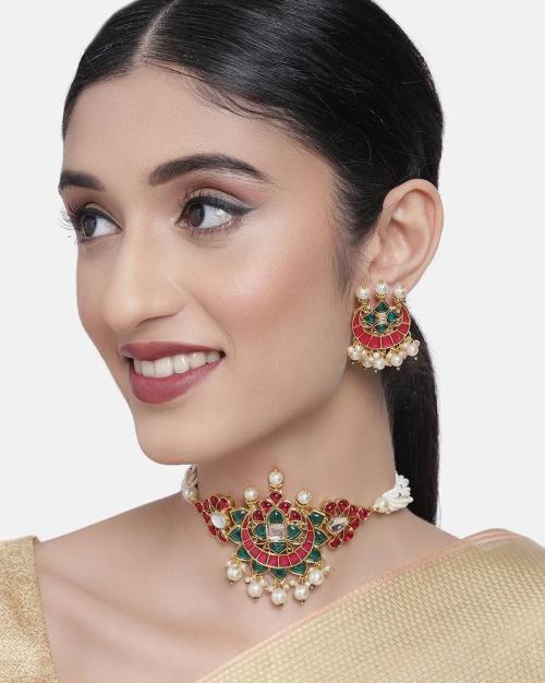 Meenakari Multistrand Pearls Choker Necklace & Earrings Set ZPFK10242