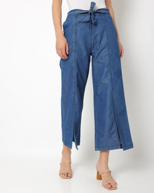 Panelled Front-Slit Trousers with Waist Tie Up