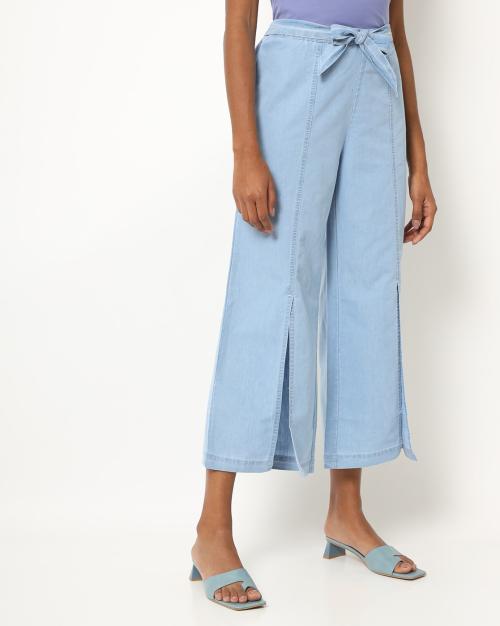 Washed Front-Slit Trousers with Waist Tie Up