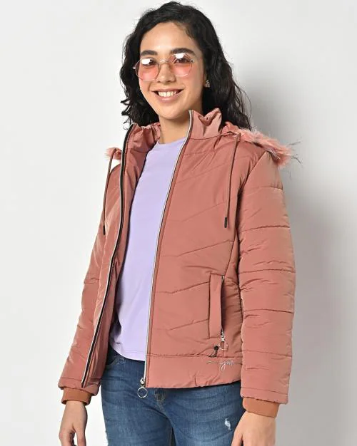 Quilted Zip-Front Jacket with Fur-Lined Hood