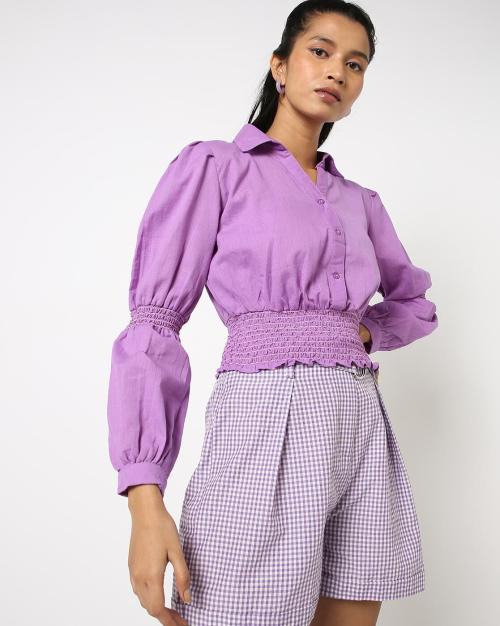 Shirt Crop Top with Spread Collar