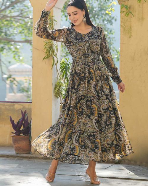 Paisley Print Gown with Detachable Belt