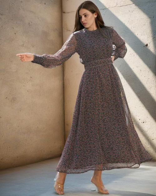 Floral Print Gown with Detachable Belt